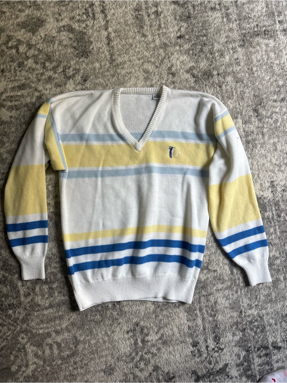 Striped V-Neck Sweater in White, Yellow & Blue - Women's